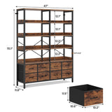 HAUOMS Bookshelf with 8 Fabric Drawers, 7-Tier Bookcase with Baffles Display Shelves, Industrial Large Book Shelf for Living Room Home Office, Rustic Brown HAUOMS