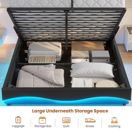 ADORNEVE Lift Up Storage Queen Bed Frame with Type-C Charging Station& Hidden Storage Headboard, LED Lights Upholstered Platform Bed,Queen Bed with Hydraulic, No Box Spring Needed,Black ADORNEVE