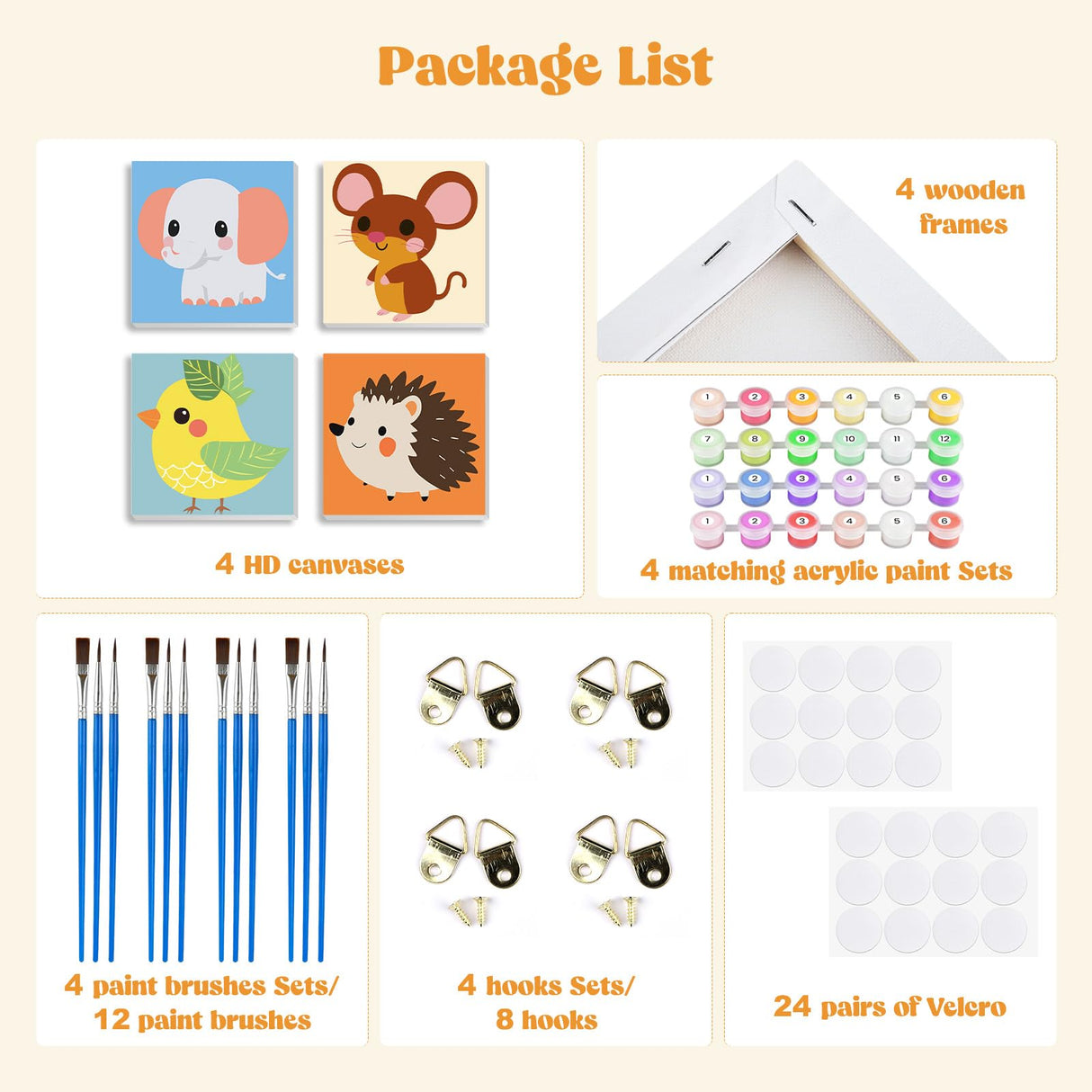 MXJSUA 4 Pack Cute Animals Paint by Numbers Kit with Framed Canvas for Ages 6-12 Kids, Elephant Paint by Numbers Kits for Children Beginners, Acrylic Oil Painting for Home Wall Decor Gift (8x8 inch) MXJSUA