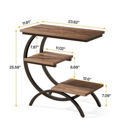 Tribesigns C-Shaped End Table, Industrial 3-Tier Small Side Table for Couch, Wood Bedside Table Snack Side Table with Storage Shelves for Living Room Small Space, Dark Brown - WoodArtSupply