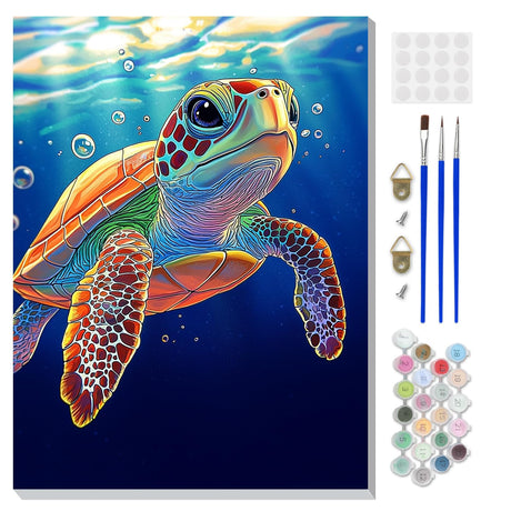 DOMROM Framed Paint by Numbers Kit for Adults Beginners with Wooden Easel, DIY Sea Turtle Paint by Number Kit on Canvas, DIY Oil Painting Kits for Home Wall Decor Gift 12x16inch DOMROM