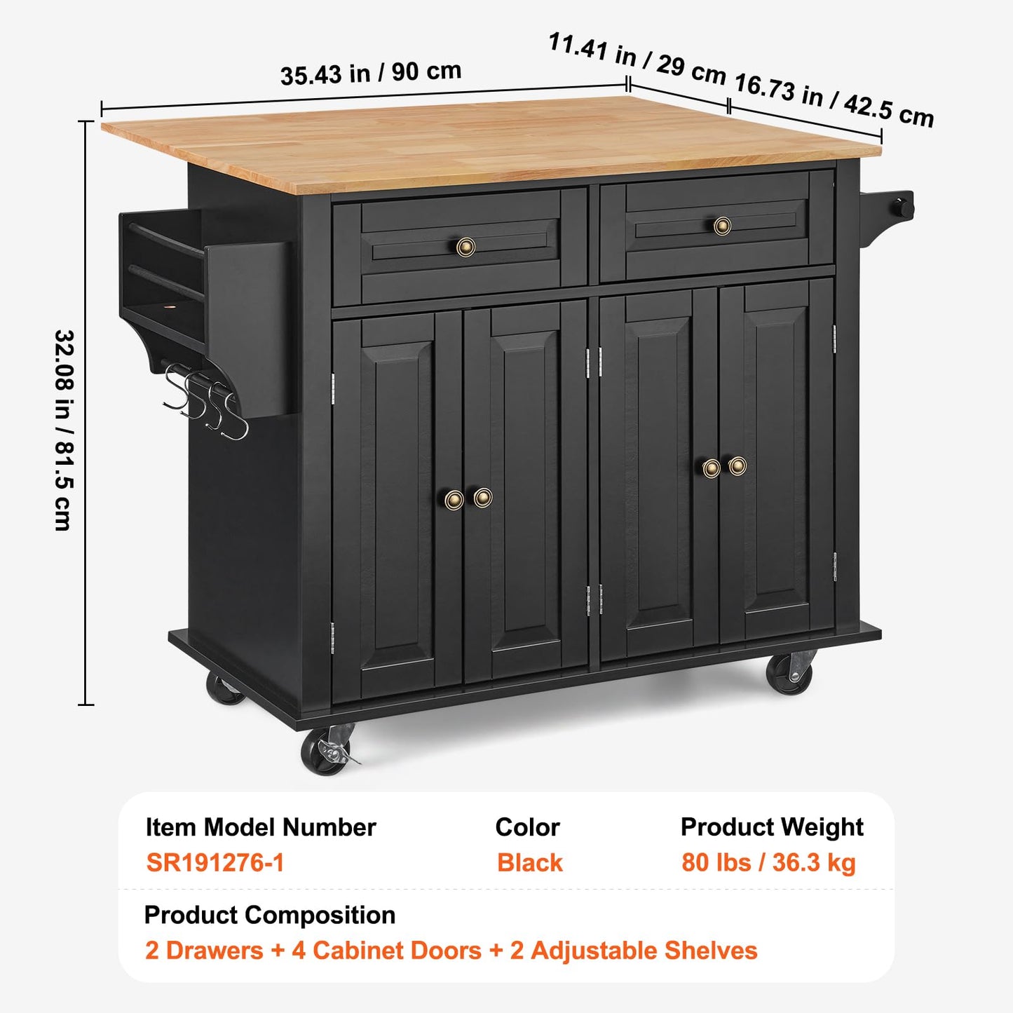 VEVOR Kitchen Island Cart, 35" Wood Top Mobile Carts with Storage Cabinet, Rolling Table with Drop Leaf, Spice Rack, Towel Bar, Adjustable Shelf, Drawer, and Hooks, Portable Islands on Wheels, Black