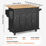 VEVOR Kitchen Island Cart, 35" Wood Top Mobile Carts with Storage Cabinet, Rolling Table with Drop Leaf, Spice Rack, Towel Bar, Adjustable Shelf, Drawer, and Hooks, Portable Islands on Wheels, Black VEVOR
