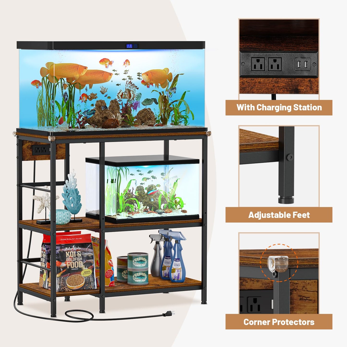 Snughome Fish Tank Stand with Charging Station, 10-29 Gallon Aquarium Stands 3-Tier, Adjustable Fish Tank Shelf for Home Heavy Duty Metal 33.07" x 16.53" x 32.67", Rustic Brown