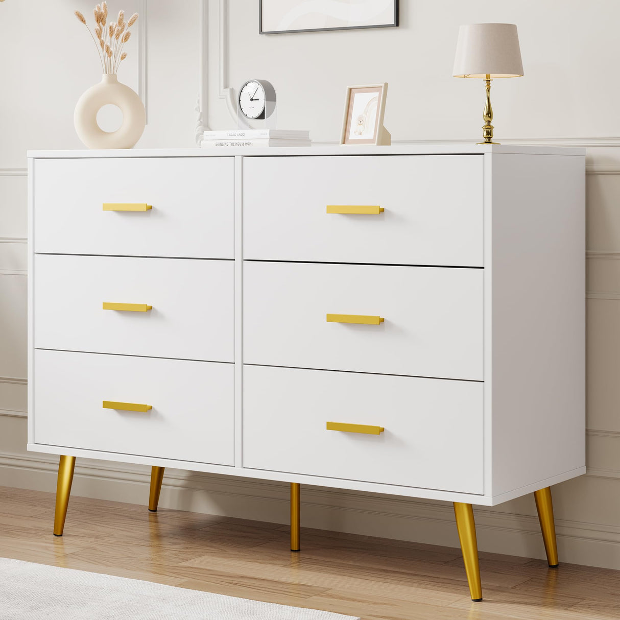 GarveeHome 6 Drawer Dresser, Modern Wooden Dresser with Gold Handles and Storage Space, Chest of Drawers for Bedroom, Hallway, Living Room and Entryway, White GarveeHome