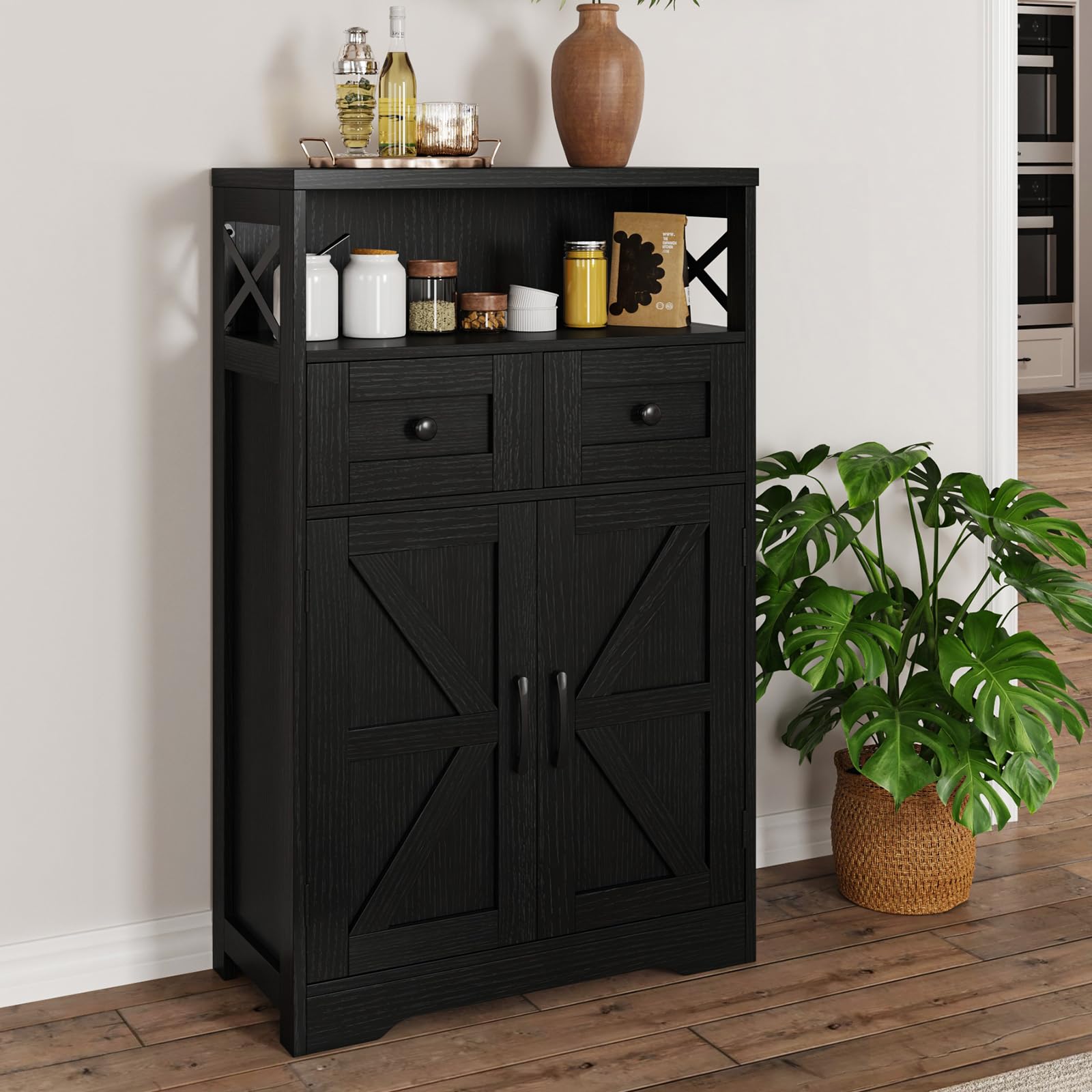 Black Storage Cabinet with Doors and Shelves, Farmhouse Kitchen Pantry Storage Cabinet, Small Coffee Bar Cabinet with Storage, Freestanding Floor Hutch Cupboard Cabinet for Kitchen/Laundry/Li - WoodArtSupply