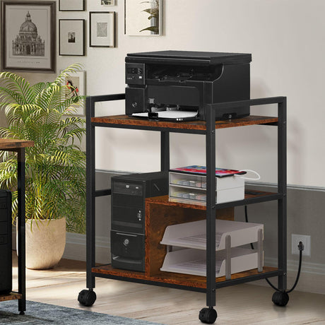 Lerliuo Printer Stand with Charging Station and USB Ports, Large 3-Tier Mobile Printer Table with Storage Shelf, Brown Rolling Industrial Printer Cart with Lockable Wheels for Home Office Lerliuo