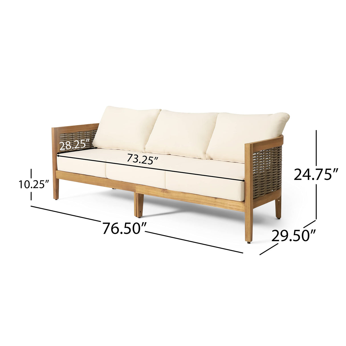 Christopher Knight Home Burchett Outdoor 3 Seater Sofa with Cushions - Acacia Wood and Round Wicker - Teak/Mixed Brown/Beige Christopher Knight Home