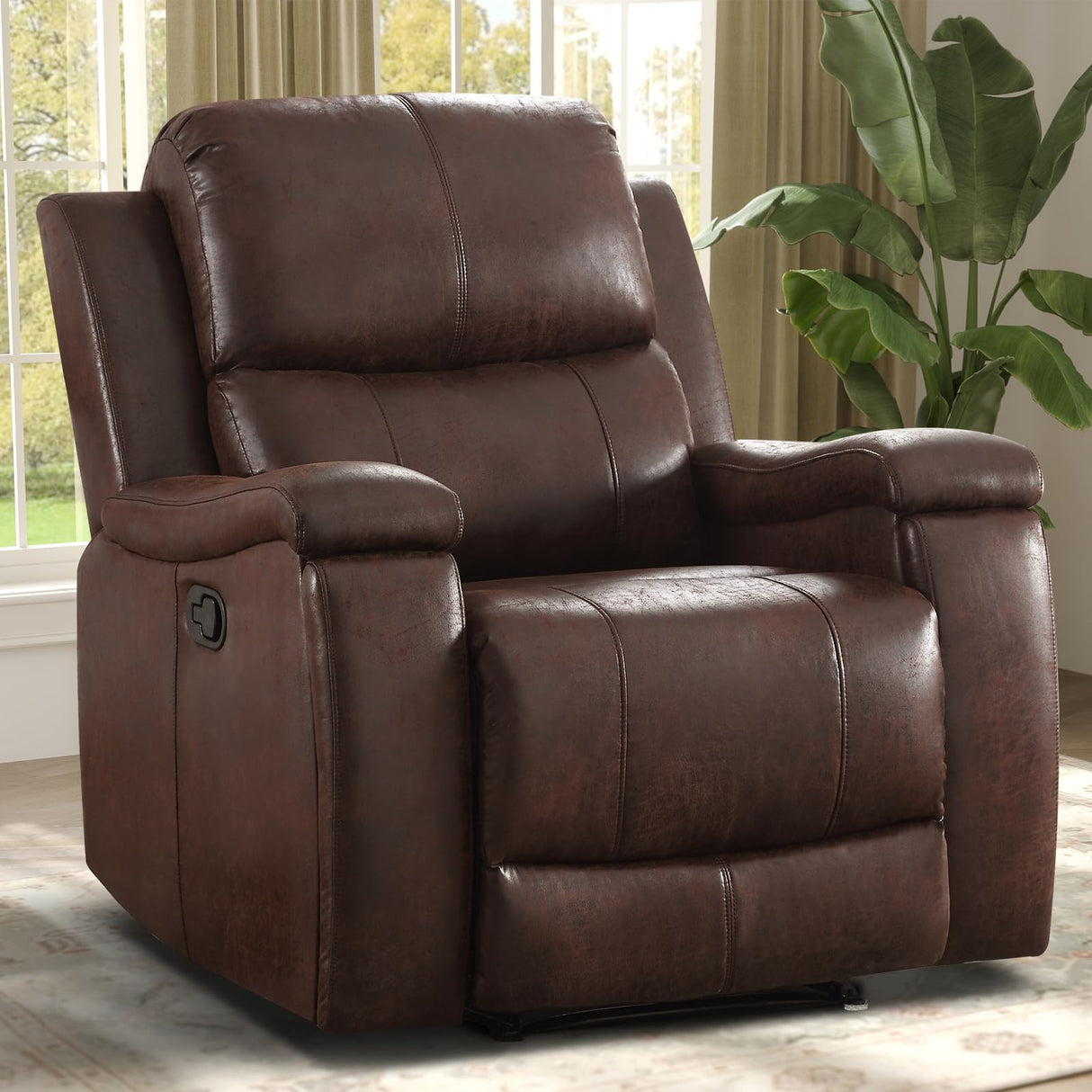 IOMOR Leather Recliner Chair, Manual Recliner Chair for Adults with Overstuffed Arms and Back, Single Sofa Recliner with Cup Holders for Living Room (1, Red Brown) IOMOR