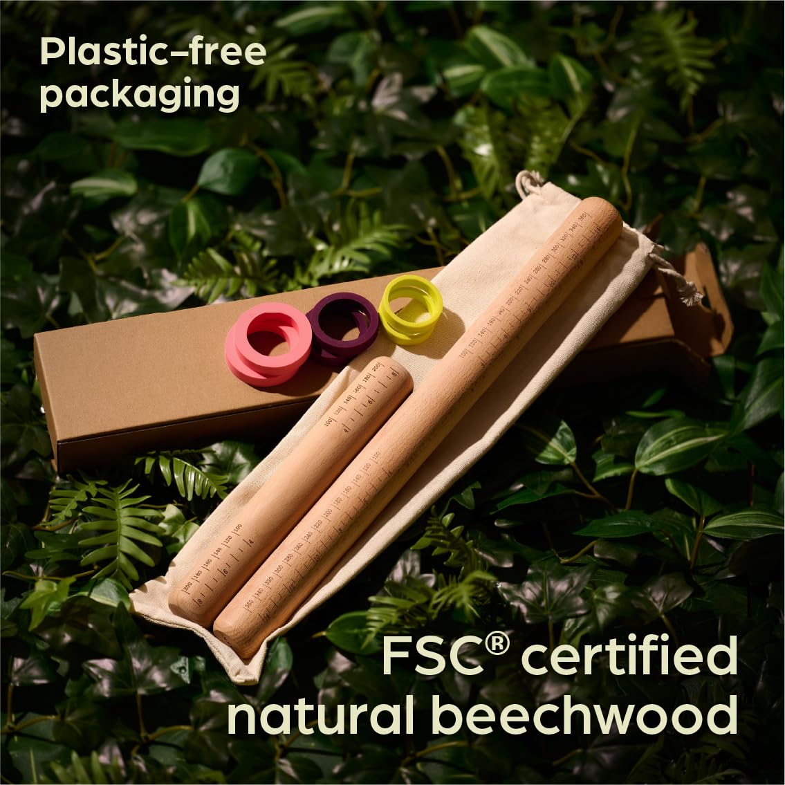 Rolling Pin For Baking with Thickness Rings - 2 Adjustable Rolling Pin with Scale - Sustainable FSC® Wood - for Pie Crust, Cookie, Pastry - Baking Essential Praknu