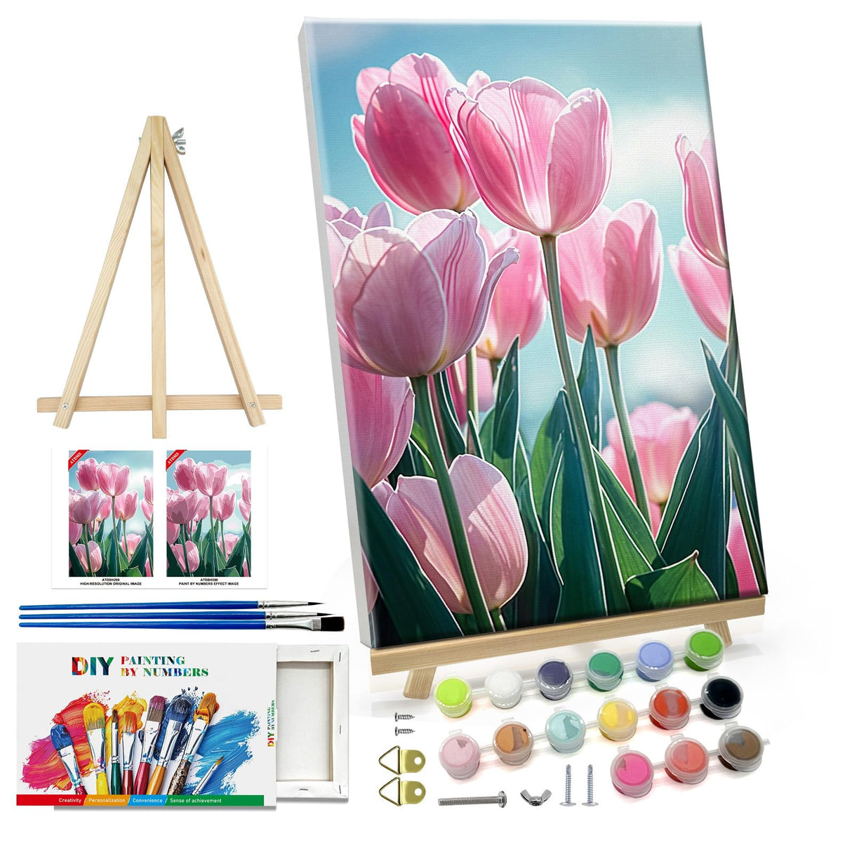 ATDMS Paint by Numbers Kit for Adults with Frame DIY Flowers Paint by Number with Easel Tulips Acrylic Oil Painting Kits for Wall Hanging Home Room Decor 7.87x11.81 Inch ATDMS