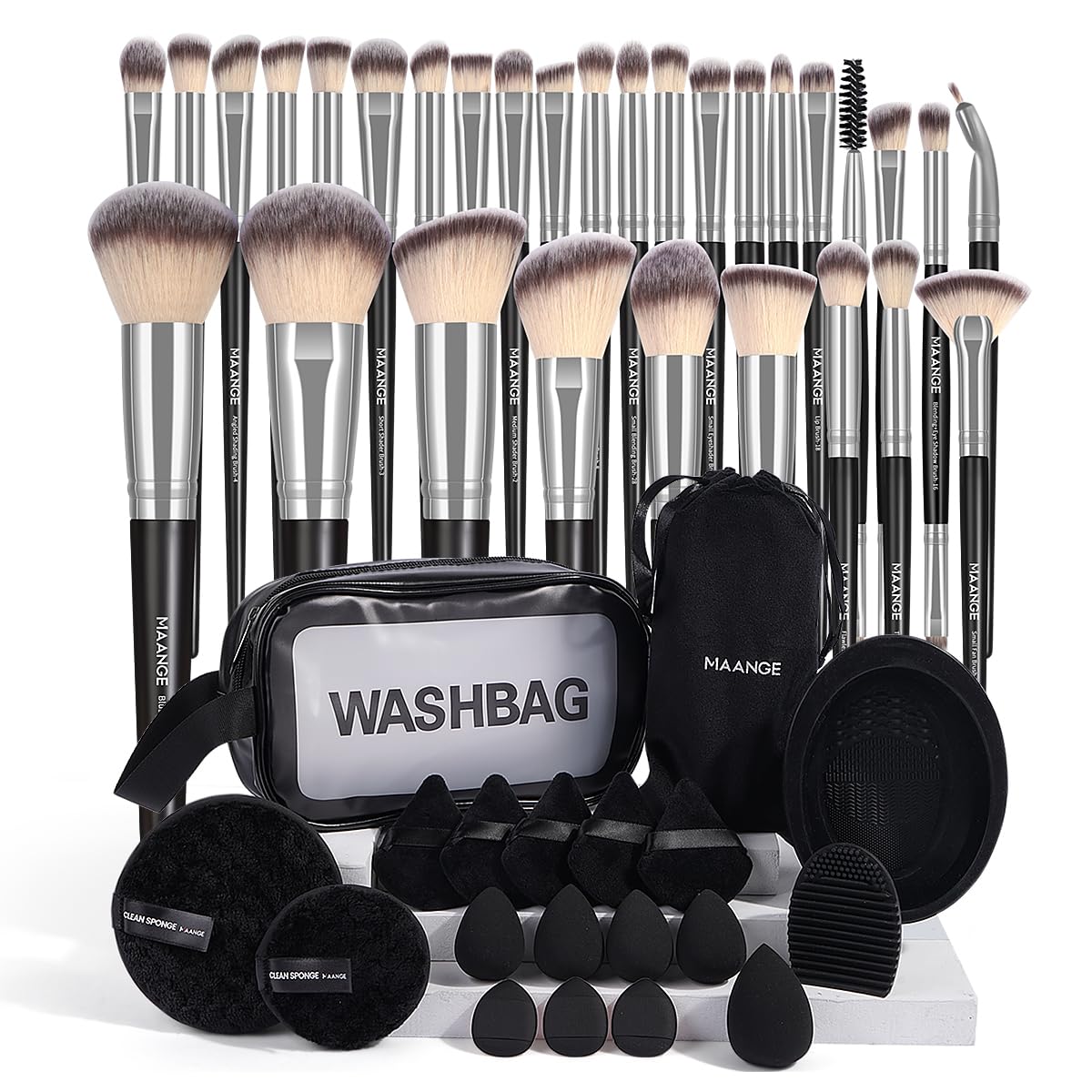 MAANGE Makeup Brushes, 49 Pcs Makeup Tool Set Premium Synthetic Makeup Brush Set Foundation Powder Concealers Eye Blush Make Up Brush Kit (Black/Silver, 49 Piece Set) MAANGE