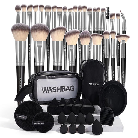 MAANGE Makeup Brushes, 49 Pcs Makeup Tool Set Premium Synthetic Makeup Brush Set Foundation Powder Concealers Eye Blush Make Up Brush Kit (Black/Silver, 49 Piece Set) MAANGE