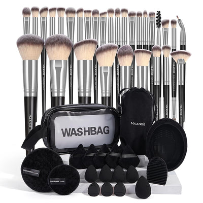 MAANGE Makeup Brushes, 49 Pcs Makeup Tool Set Premium Synthetic Makeup Brush Set Foundation Powder Concealers Eye Blush Make Up Brush Kit (Black/Silver, 49 Piece Set)