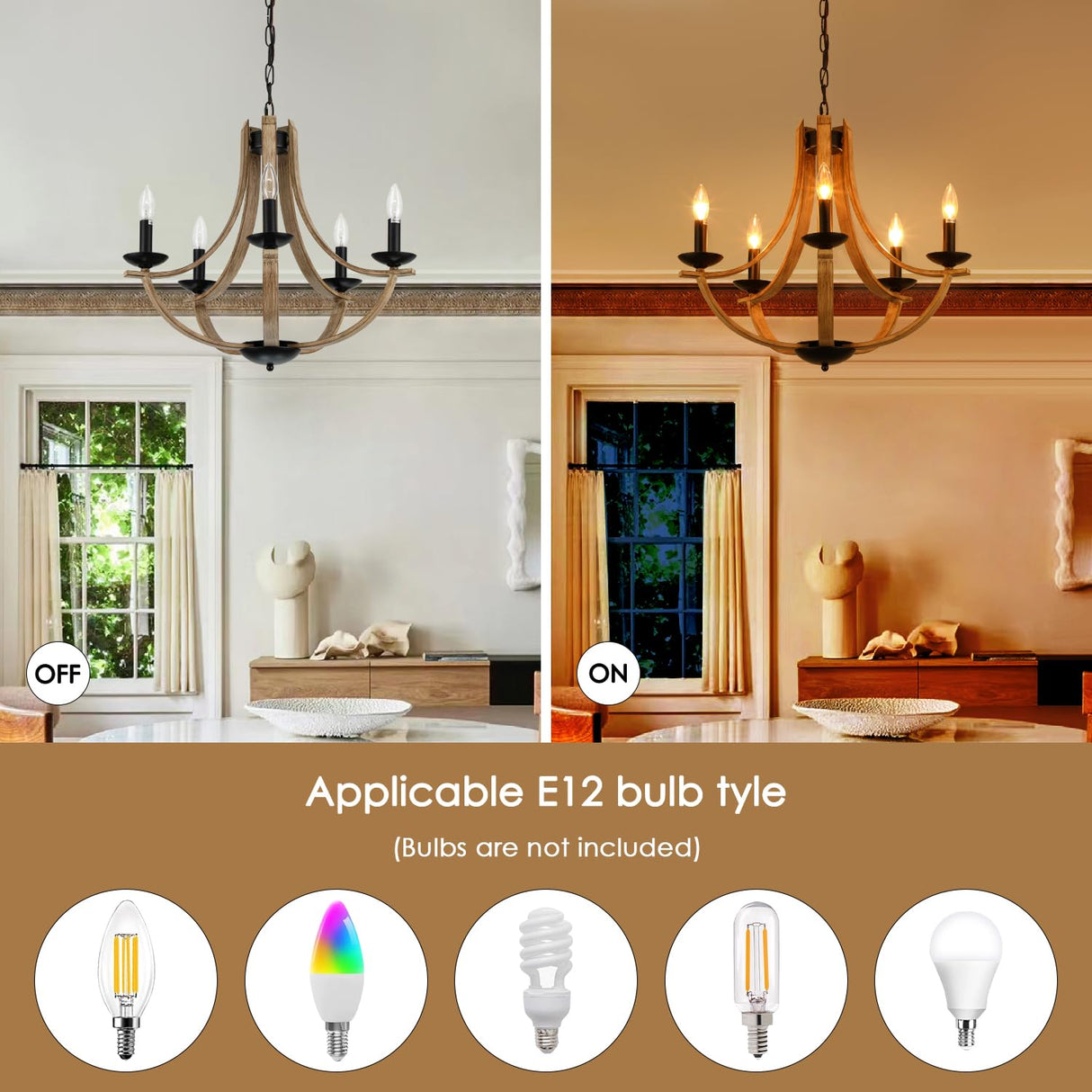 LAMPKEDUO Farmhouse Chandeliers for Dining Room Light Fixture, 5-Light 24 inch Faux Wood Texture Hanging Lighting Fixtures, Rustic Candle Chandeliers for Living Room Kitchen Island Foyer Entryway LAMPKEDUO