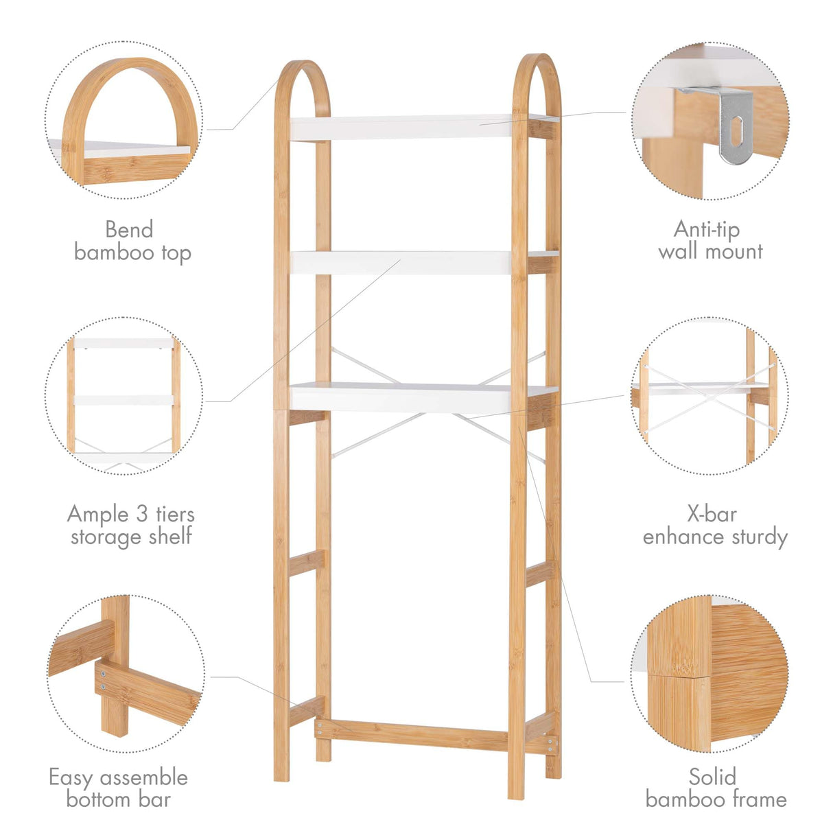 Spirich Over The Toilet Storage Shelf, 3-Tier Over Toilet Bathroom Organizer, Space-Saving Above Toilet Storage Shelf Rack with Bamboo Frame Spirich