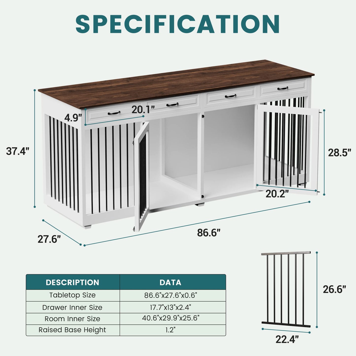 PIAOMTIEE Large Dog Crate Furniture, 86.6" Wooden Dog Crate Kennel with 4 Drawers and Divider, XL Heavy Duty Dog Crates Cage Furniture for 2 Large Dogs Indoor