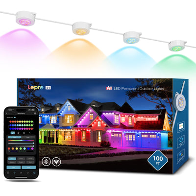 Lepro E1 AI Permanent Outdoor Lights APP Control, 100ft 60 LED Smart RGB+IC+Warm/Cool White House Eave Light for Halloween Christmas, Alexa Google Enabled, 2.4 GHz WiFi/Bluetooth, NO Remote Controller