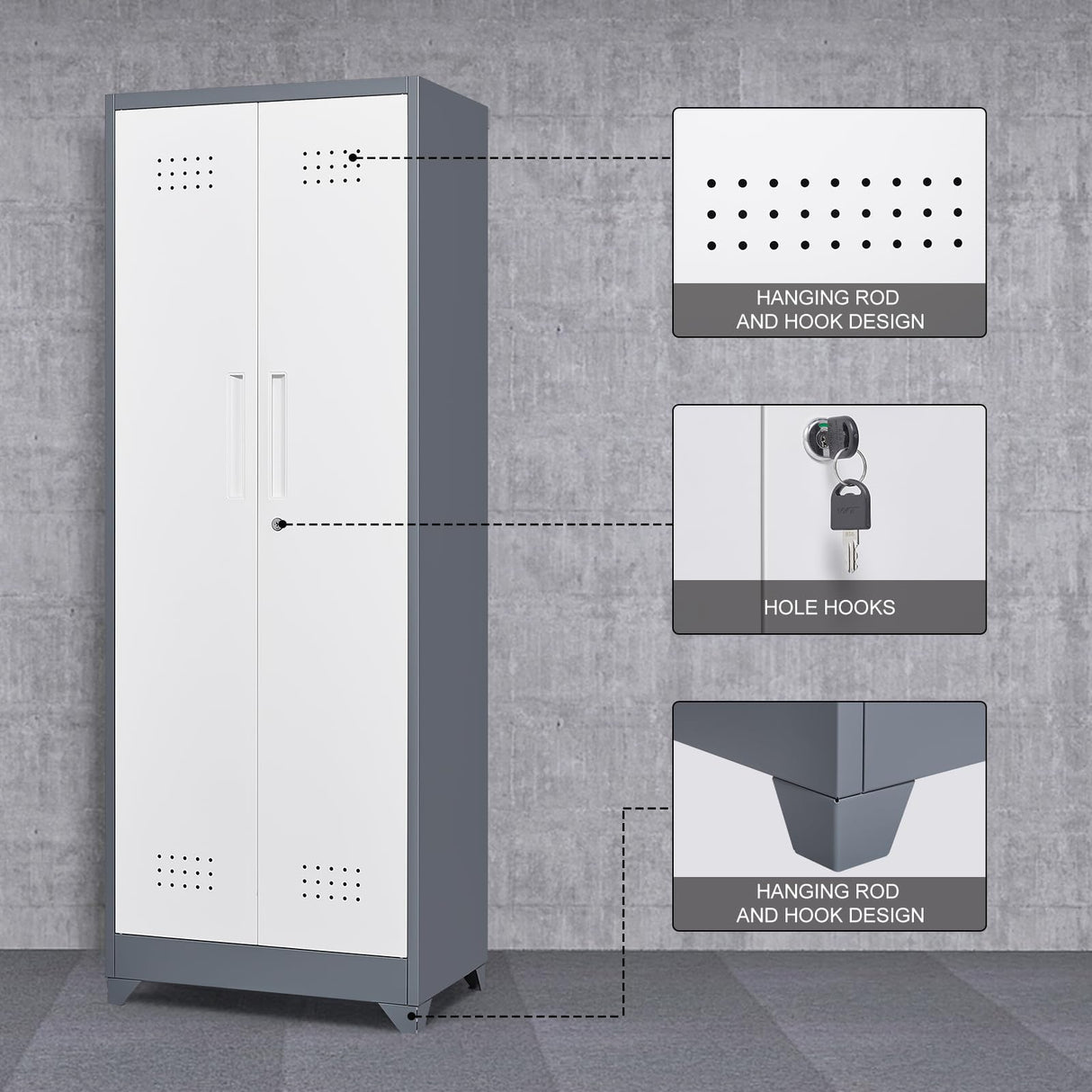 GREATMEET 65" Broom Storage Cabinet, Metal Utility Closet for Brooms and Mops, Cleaning Supply Cabinet with Pegboard, Multifunctional Metal Garage Mop Storage Closet, Grey&White GREATMEET