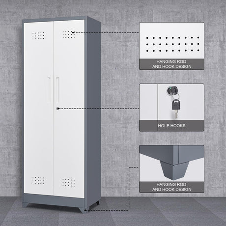 GREATMEET 65" Broom Storage Cabinet, Metal Utility Closet for Brooms and Mops, Cleaning Supply Cabinet with Pegboard, Multifunctional Metal Garage Mop Storage Closet, Grey&White GREATMEET