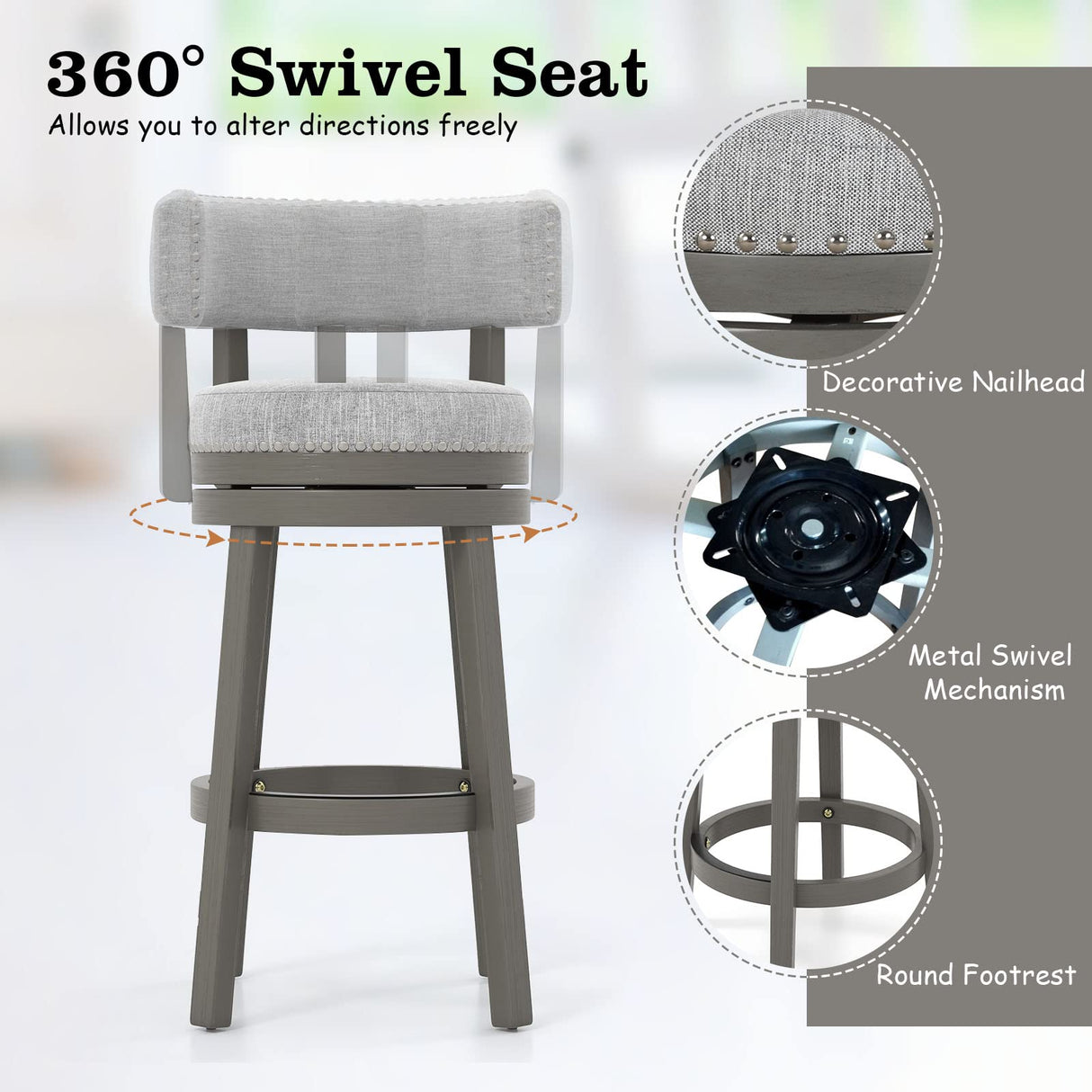 COSTWAY Bar Stool Set of 2, 27-inch 360° Swivel Barstool with Upholstered Back & Seat, Solid Rubber Wood Legs & Footrest, Farmhouse Counter Height Chair for Home, Bar, Cafe, Grey (2, Seat height 27‘’) COSTWAY