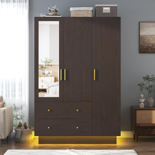 3 Doors Armoire Wardrobe Closet with Mirror, LED Armoire with Doors and Drawers, Wooden Armoire Storage Cabinet with Hanging Rod, Adjustable Shelves, Brown