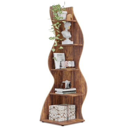 Rustic 5-Tier Corner Shelf - Stylish Brown Bookshelf & Plant Stand by Tribesigns - WoodArtSupply