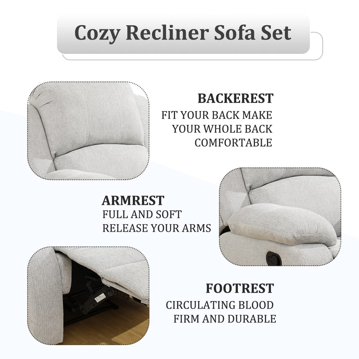 Recliner Sofa Set Microfiber Fabric, Living Room Furniture Set, Manual Reclining Living Room Sofa Set 3 Piece (Grey White) Generic