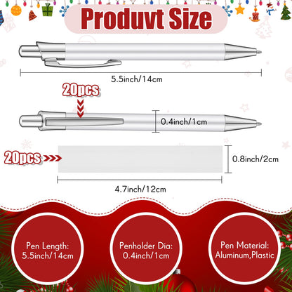 Yexiya Sublimation Pens Blank Heat Transfer Pen Sublimation Ballpoint Pen with Shrink Wrap White Aluminum Customized Clip Pen School Supplies for Christmas Office School Stationery Supplies (20 Pcs)