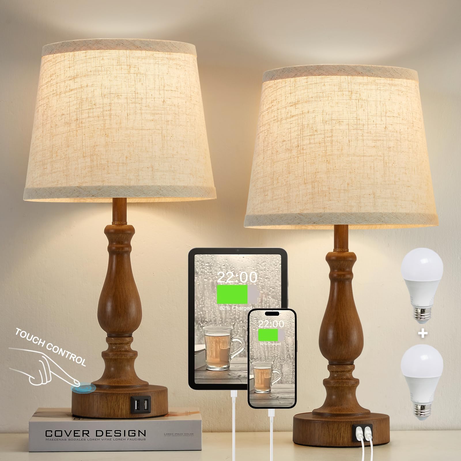 EJIAXIN Classical Table Lamps for Bedrooms Set of 2 - Touch Bedside Lamps with Dual USB Ports, 3 Way Dimmable Nightstand Lamps for End Tables, Farmhouse Night Stand Lamps for Living Room Gues - WoodArtSupply