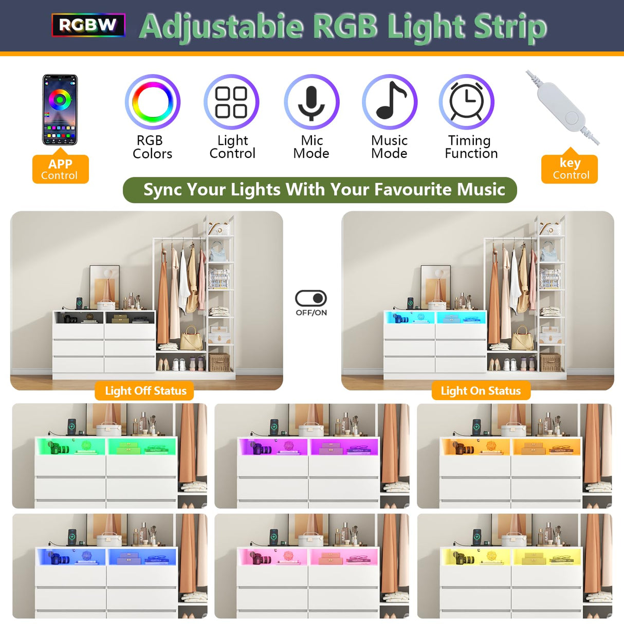 Loomie 6 Drawers Dresser with Hanging Rack & 6 Tiers Shelves, LED Dressers & Chests of Drawers with Power Outlet, 63" Wide Long 4 in 1 Storage Unit Dressers, Closet Dresser for Bedroom (White) Loomie