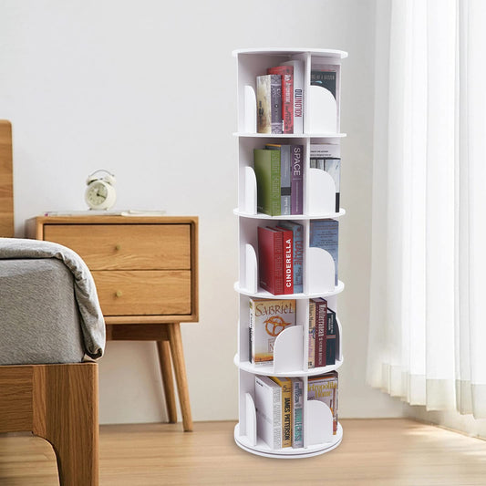 5-Tier 360° Rotating Corner Bookshelf by HAPPCUCOE - Contemporary White Floor Standing Organizer for Home and Office - WoodArtSupply