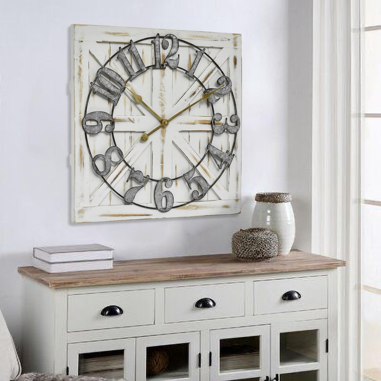 EMAX HOME Large Farmhouse Wall Clock – 24 Inch Square Rustic Wooden Clock with Decorative Reversible Wooden Sign, Perfect for Any Space and Ideal Gift EMAX HOME