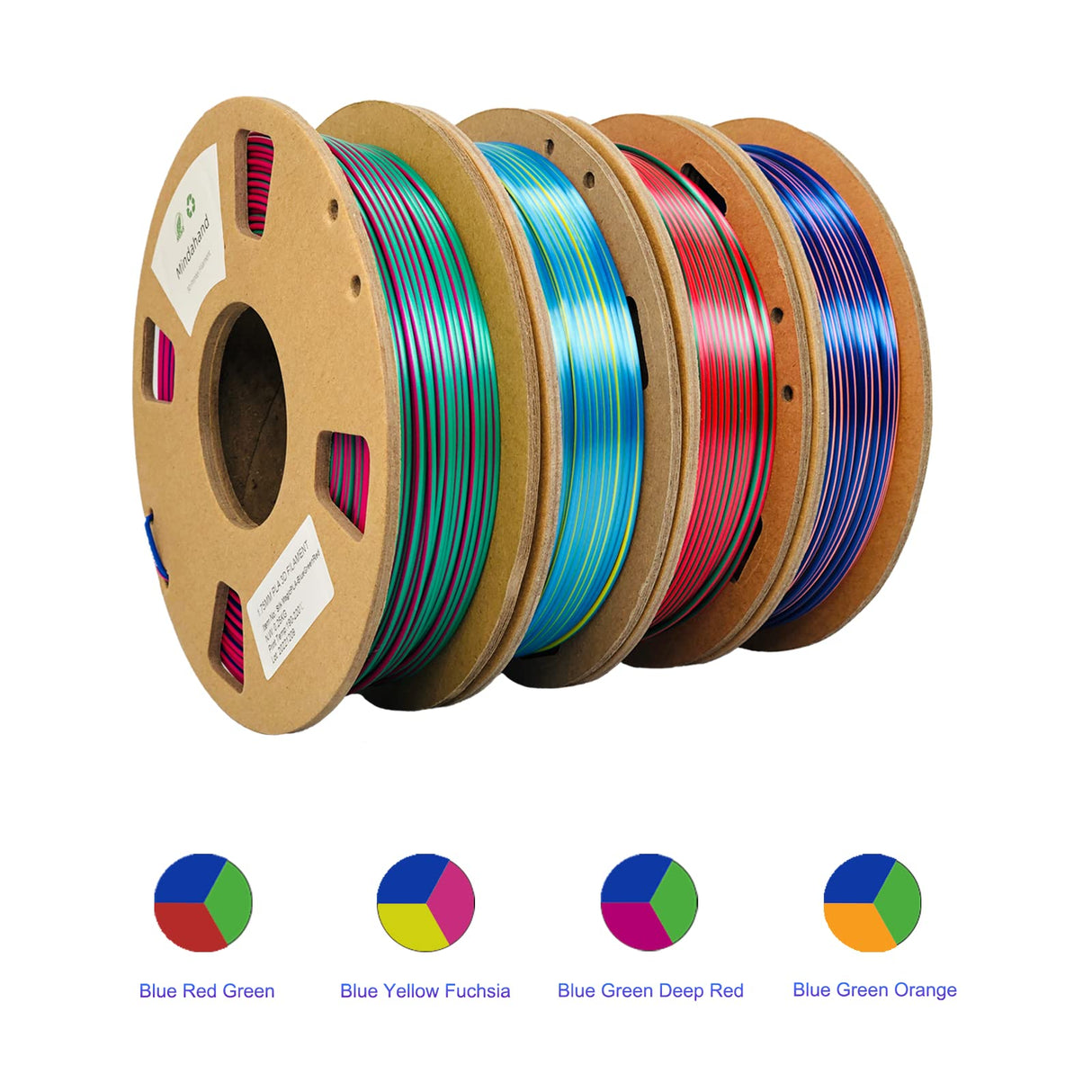 Mindahand 3D Printer Filament Pla Filament 1.75mm Bundle Tri Color Filament Silk PLA 3 in 1 Triple Color Pla Cardboard Spool Rainbow Filament 4X 250G Multicolor 3D Printing Filament MINDAHAND