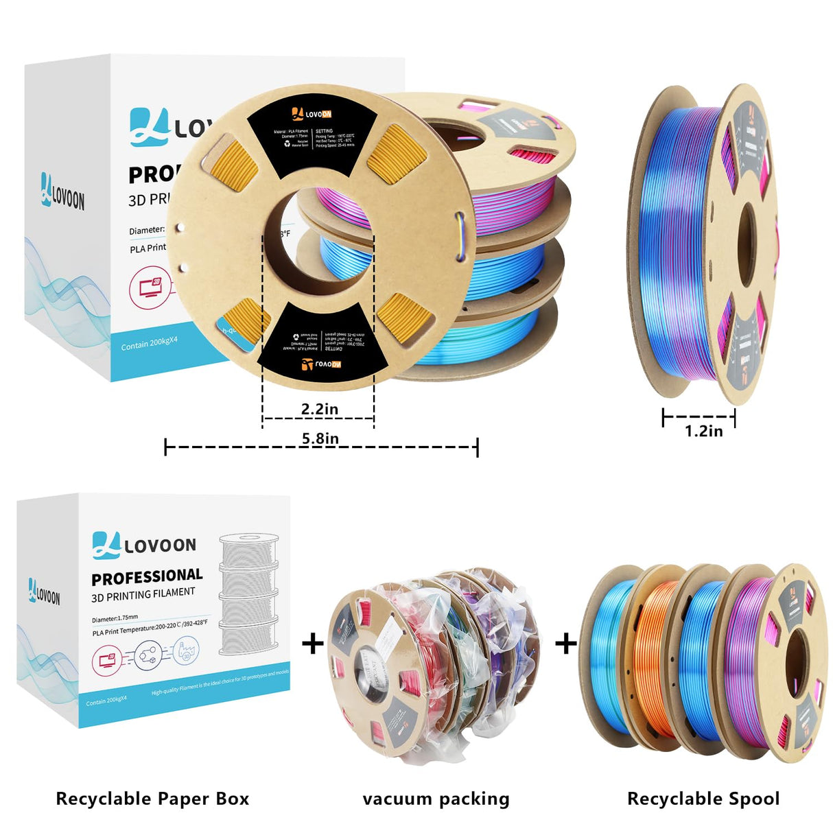LOVOON 3D PLA Filament 1.75mm Bundle, Dual Colors 3D Printer Filament Bundle (Blue-Rose Red Gold-Red Blue-Red Green-Blue), Silk PLA Filament for 3D Pen Dimensional Accuracy +/-0.02mm, 200g x 4 Spools LOVOON