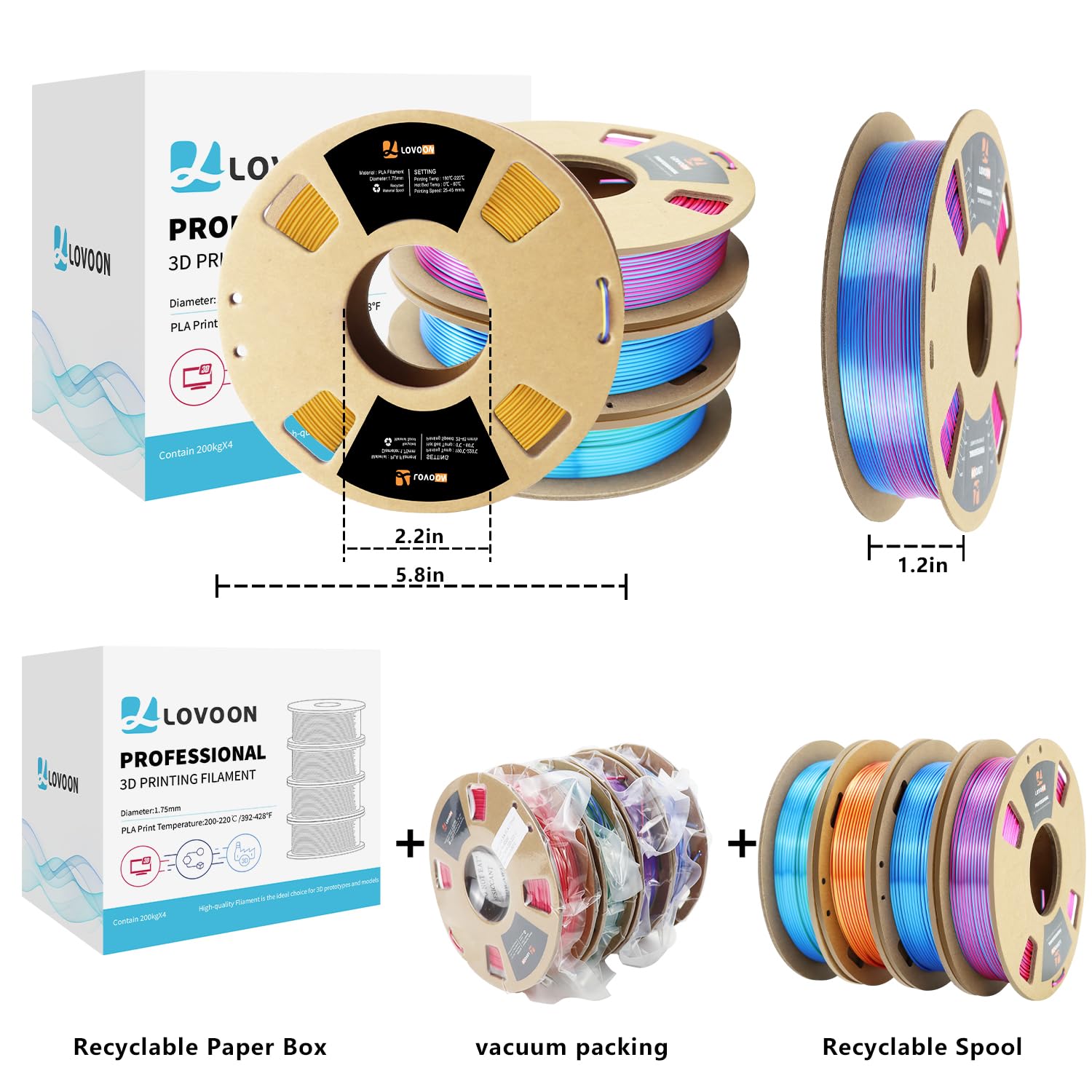 LOVOON 3D PLA Filament 1.75mm Bundle, Dual Colors 3D Printer Filament Bundle (Blue-Rose Red Gold-Red Blue-Red Green-Blue), Silk PLA Filament for 3D Pen Dimensional Accuracy +/-0.02mm, 200g x  - WoodArtSupply