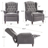 IPKIG Wingback Pushback Recliner Chair - Mid Century Recliner Armchair with Massage and Heat, Rivet Decoration, Button-Tufted Back, Solid Wood Legs for Living Room, Bedroom, Office(Grey) IPKIG