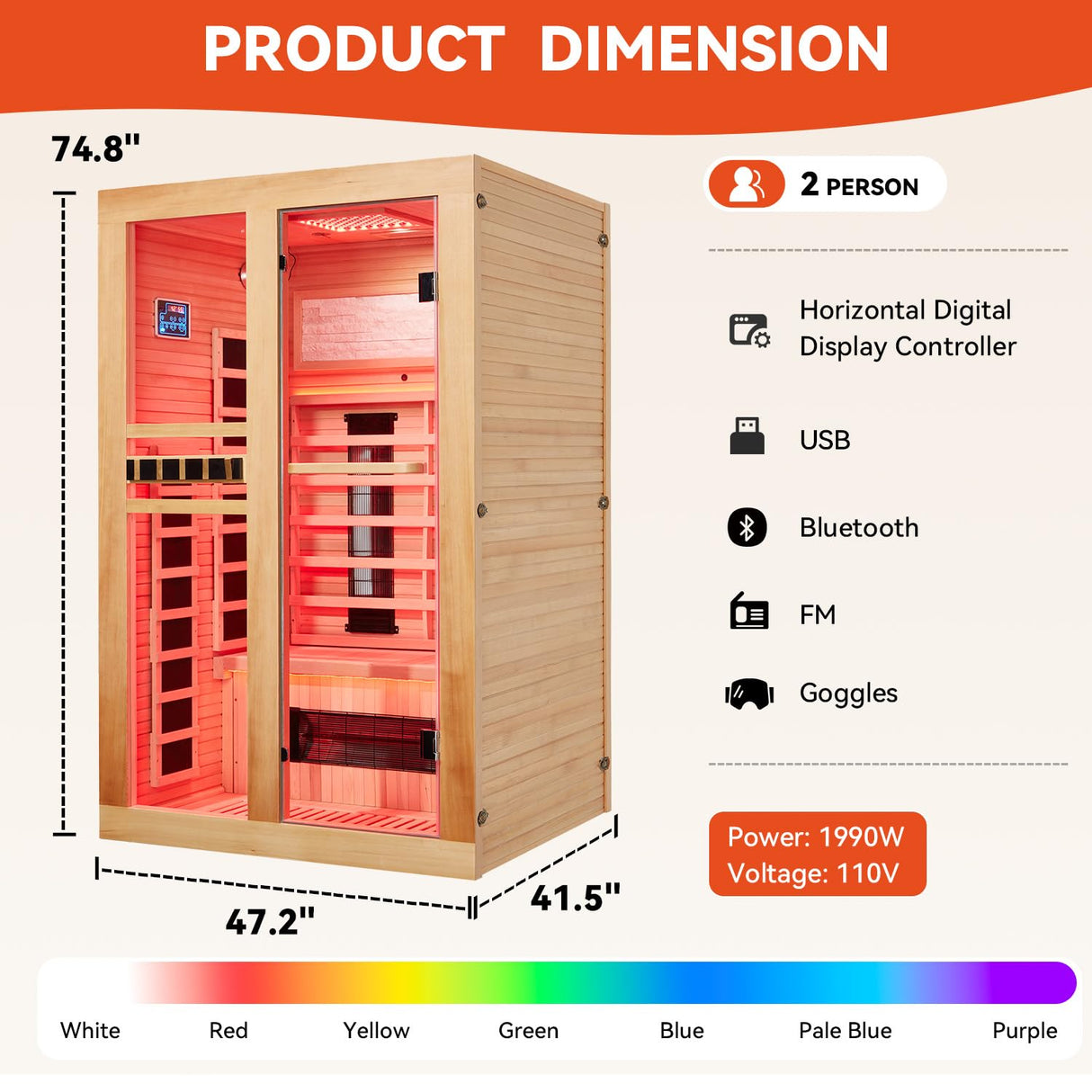 SWHSE 2 Person Infrared Sauna, Full Spectrum Home Sauna with Red Light Therapy, 15 Minutes Pre-Warm up Indoor Dry Saunas with 2-in-1 Door Handle, Canadian Hemlock,7 Color Light Belts, 110V SWHSE