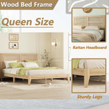 HRVEOCEI Boho Bed Frame Queen with Rattan Headboard, Rattan Bed Frame&Queen Beds Frames with Wood Legs, Solid Wood Beds Frames with Storadge Underneath,Easy Assembly (Oak White, Queens) HRVEOCEI