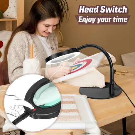 Krstlv 10X Magnifying Glass with Light and Stand, 5 Color Modes Stepless Dimmable LED Lighted Desk Lamp, Hands Free Flexible Gooseneck Magnifier with Light for Craft Hobby Painting Sewing Close Work Krstlv