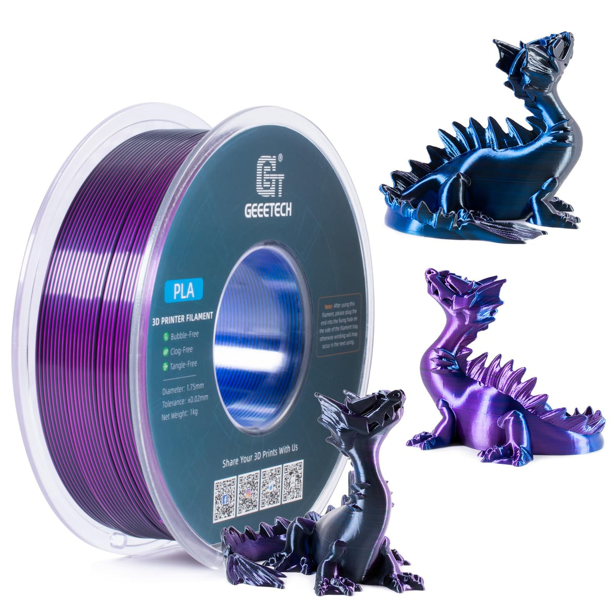 Geeetech Silk PLA Tri Color Filament 1.75mm 3D Printer Filament,Coextrusion Blue Purple Black Tri-Colors Metal-Like Shiny Silk PLA Filament,1kg (2.2lbs) 1 Spool,Dimensional Accuracy +/- 0.03 mm Geeetech
