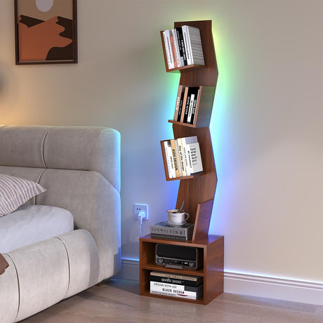 ALBASTOON 6 Tier Tree Bookshelf,Small Book Shelf with LED Lights,Corner Bookcase,Book Organizer Shelves,Floor Standing Book Shelves for Living Room,Home Office,Living Room,Vintage Rustic Brown ALBASTOON