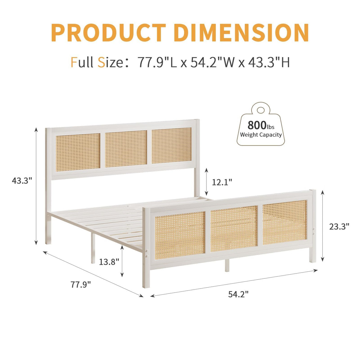 CHABUILDREARK Boho Bed Frame Full, Rattan Bed Frame with Natural Headboard, Metal Platform Bed Full Size with Strong Slats Support, No Box Spring Needed, Noise-Free, Easy Assembly, White CHABUILDREARK