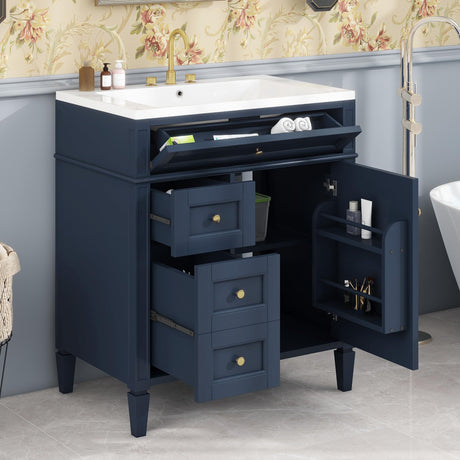 Jeffski 30" Floor Bathroom Vanity with Top Sink, Modern Bathroom Cabinet Vanities with 2 Drawers, Adjustable Shelf and A Tip-Out Drawer, Single Sink Combo Set Bathroom Vanity, Navy Blue Jeffski