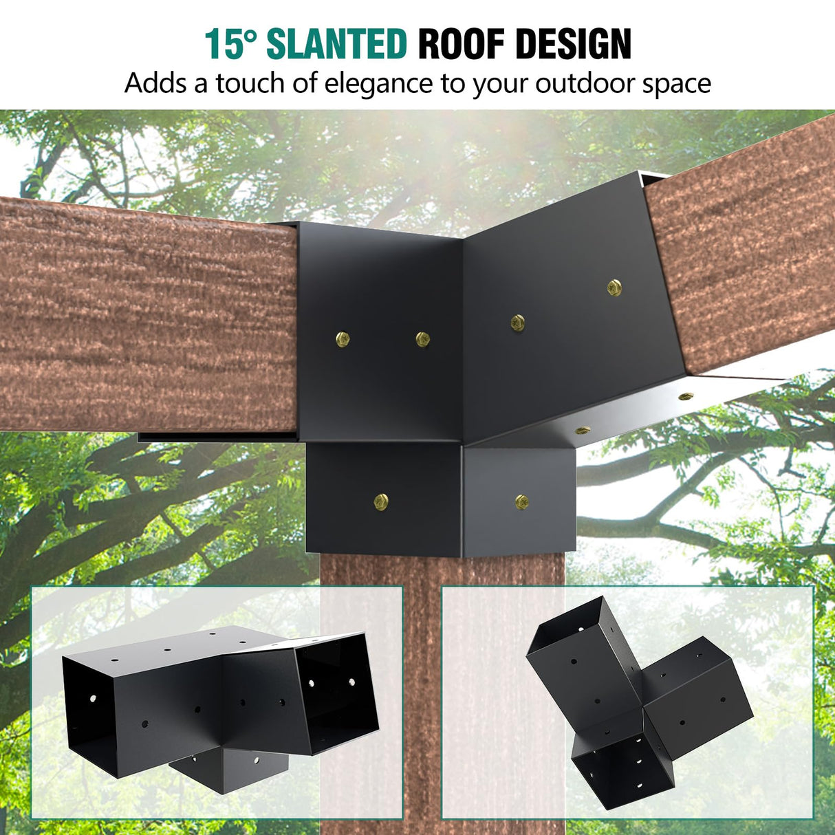 Kinchoix Pergola Brackets, 2 Pack Woodworks Pergola Kit 15° 3-Way Right Angle Corner Bracket with Pergola Post Base for 4x4'' (Actual: 3.5x3.5'') Wood Beams Elevated Wood Stand Kit 6 Pc Kinchoix