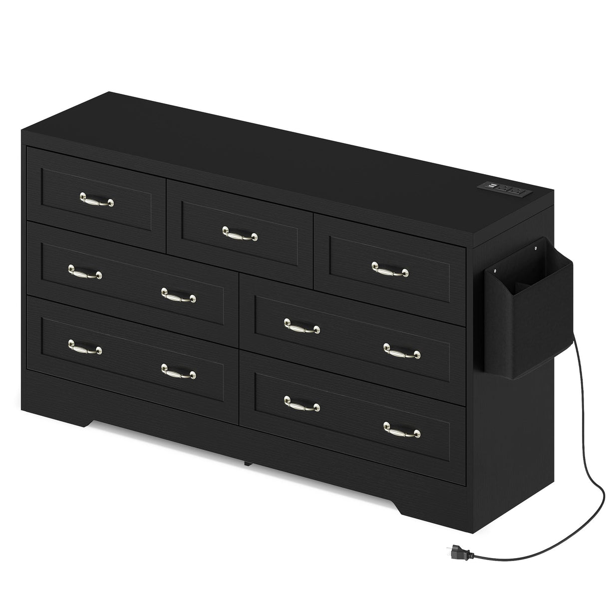 DWVO Farmhouse 7 Drawer Dresser for Bedroom, Large Modern Dresser TV Stand with Large Drawers & Bar Handles, Storage Dressers with Power Outlets, Rustic Wood Chest of Drawers, Black DWVO