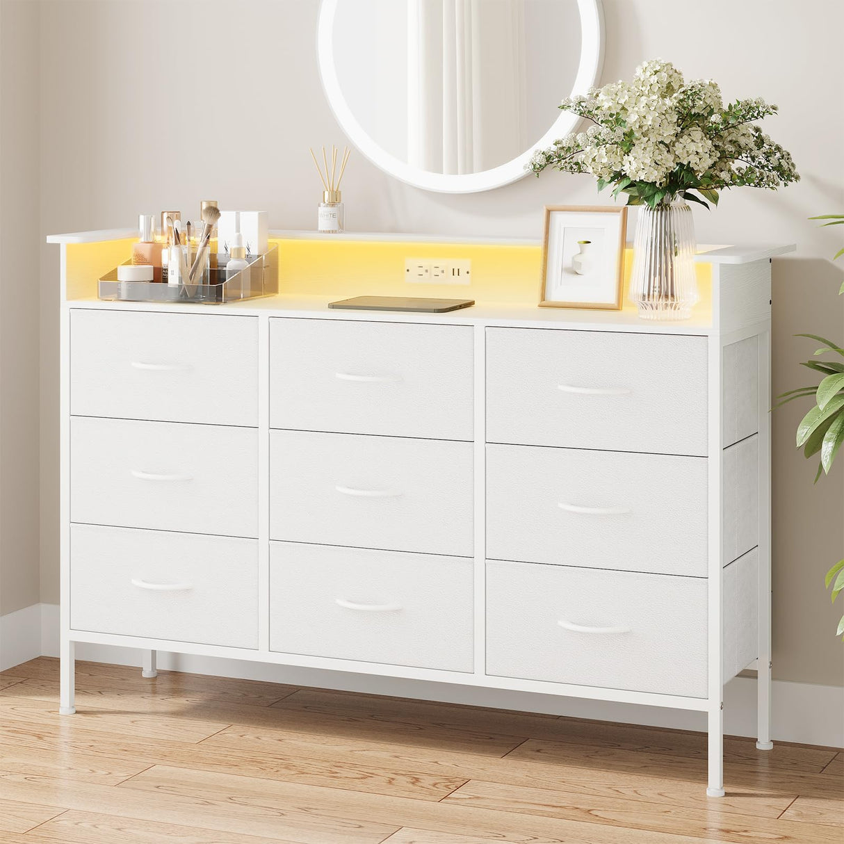 ELYKEN White Dresser with LED Light for Bedroom, Dresser with 9 Drawers and Charging Station, Fabric Chest of Drawers with PU Finish Storage Drawers for Entryway Closet Living Room Hallway Guest Room ELYKEN