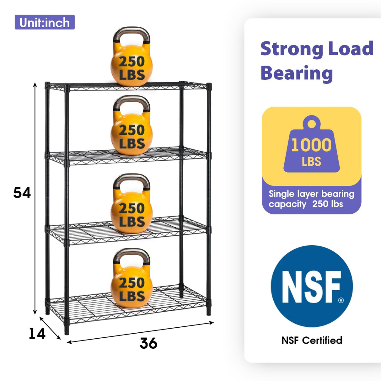 PayLessHere | 4-Tier Wire Shelf | 36"x14"x54" | Black | Adjustable Racks | Heavy-Duty Storage Shelves, Holds Upto 1000 lbs | Rust-Resistant, No-Tool Assembly | for Home, Garage Shelving PayLessHere