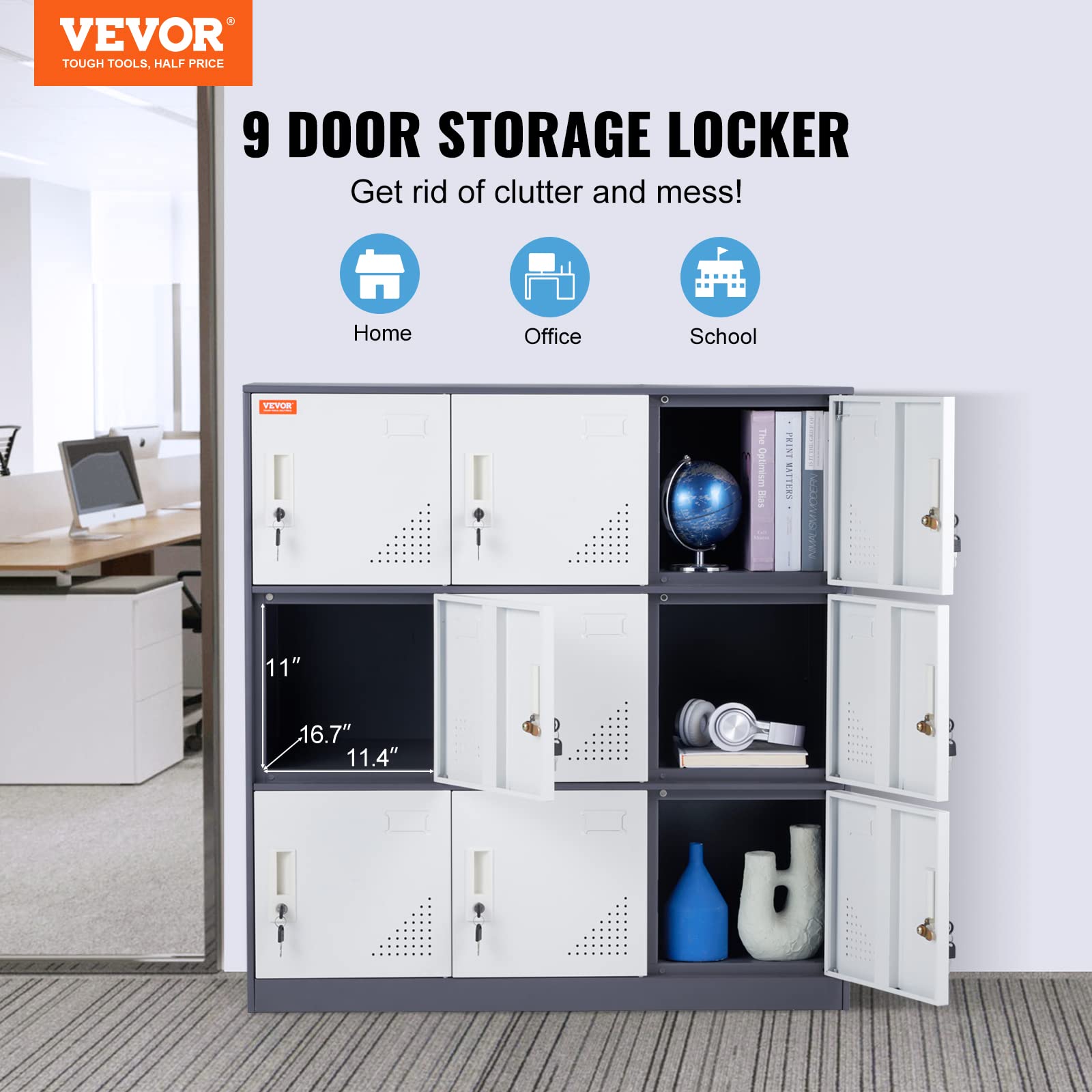 VEVOR Metal Locker for Employees, 9 Doors Storage Cabinet with Card Slot, Gray Steel Employee Lockers with Keys, 66lbs Loading Capacity Office Storage Lockers for Home, School, Office, Gym - WoodArtSupply