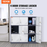 VEVOR Metal Locker for Employees, 9 Doors Storage Cabinet with Card Slot, Gray Steel Employee Lockers with Keys, 66lbs Loading Capacity Office Storage Lockers for Office, Home, School, Gym VEVOR